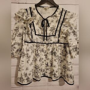 Umgee Ruffled Tie Neck Puff Sleeve Babydoll Blouse XL Linen Blend